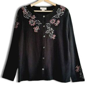 TANJAY / Floral Embroidered Button Down Fine Knit Cardigan Sweater Black Sz M P